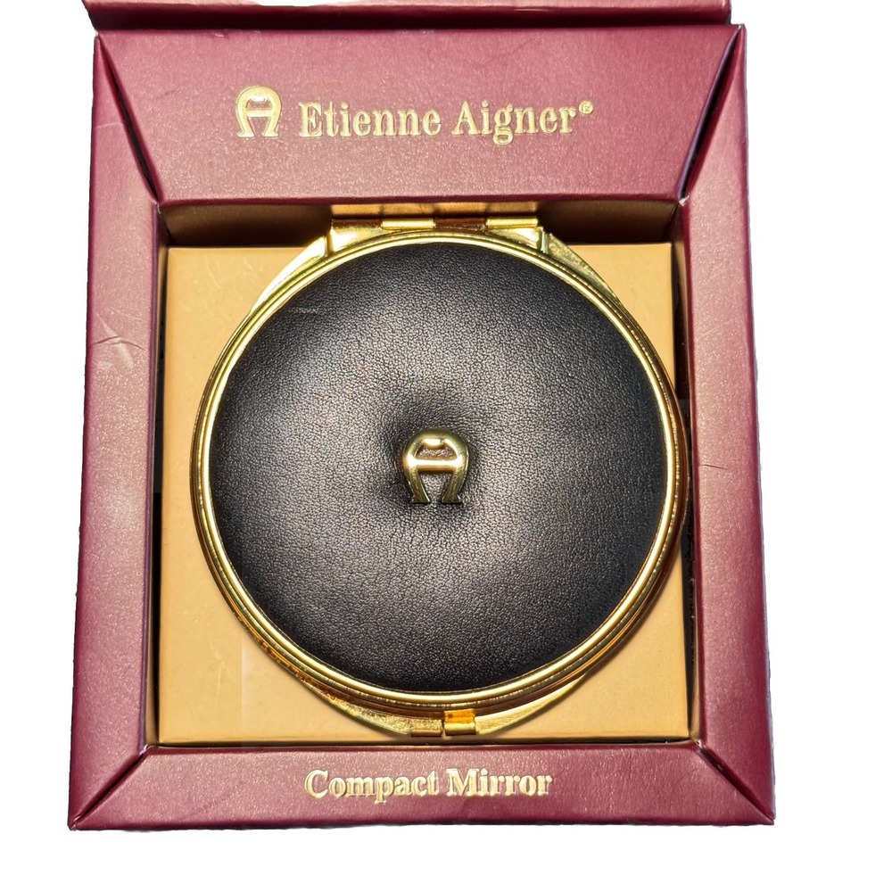 Vintage Etienne Aigner Compact Mirror Genuine Leather Rare Black NOS